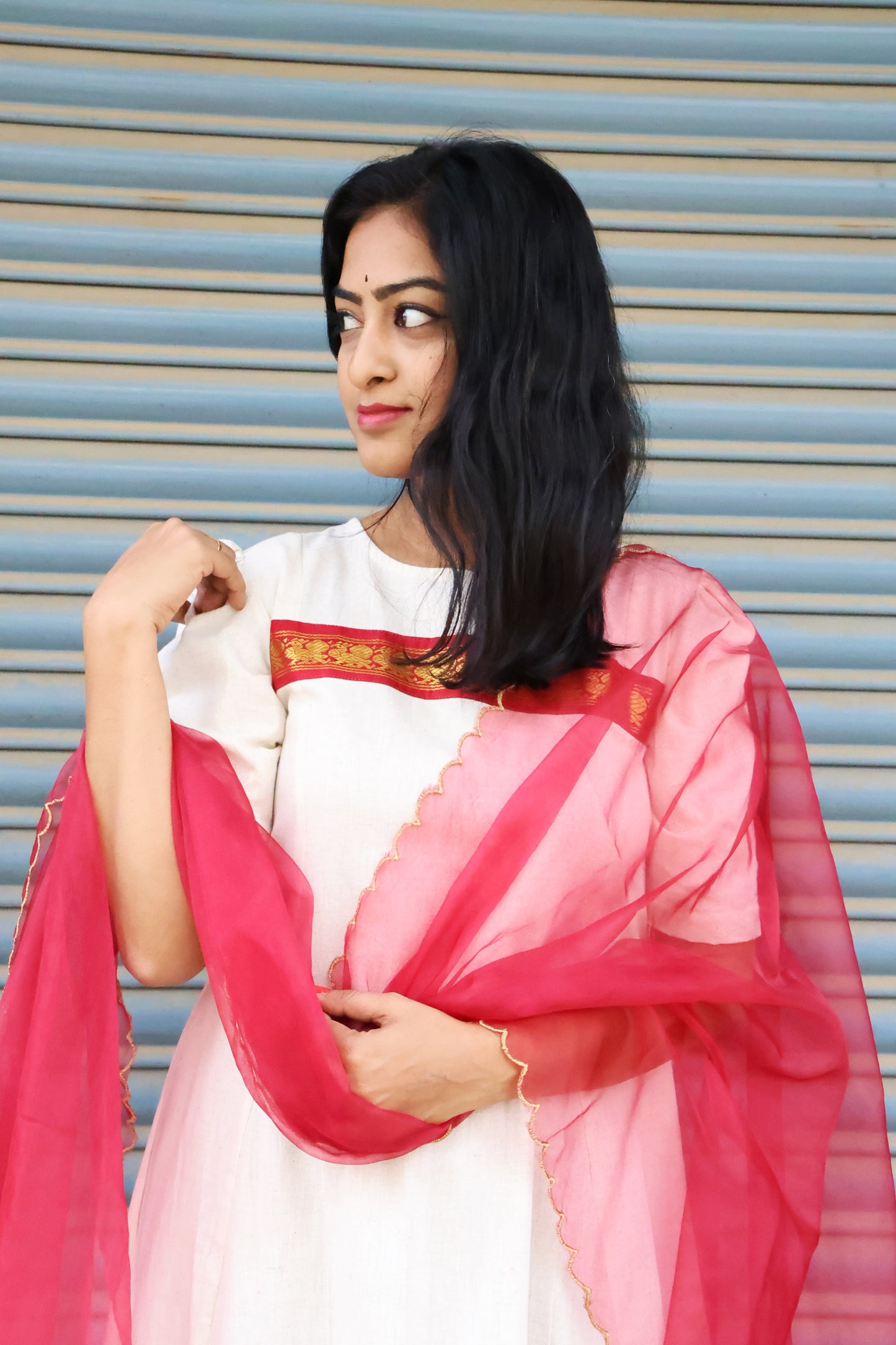 Traditional Charm: Off-White and Maroon Kurti Frock