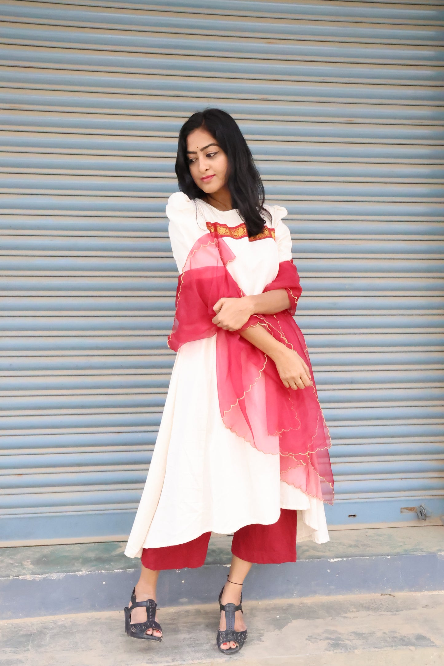 Traditional Charm: Off-White and Maroon Kurti Frock