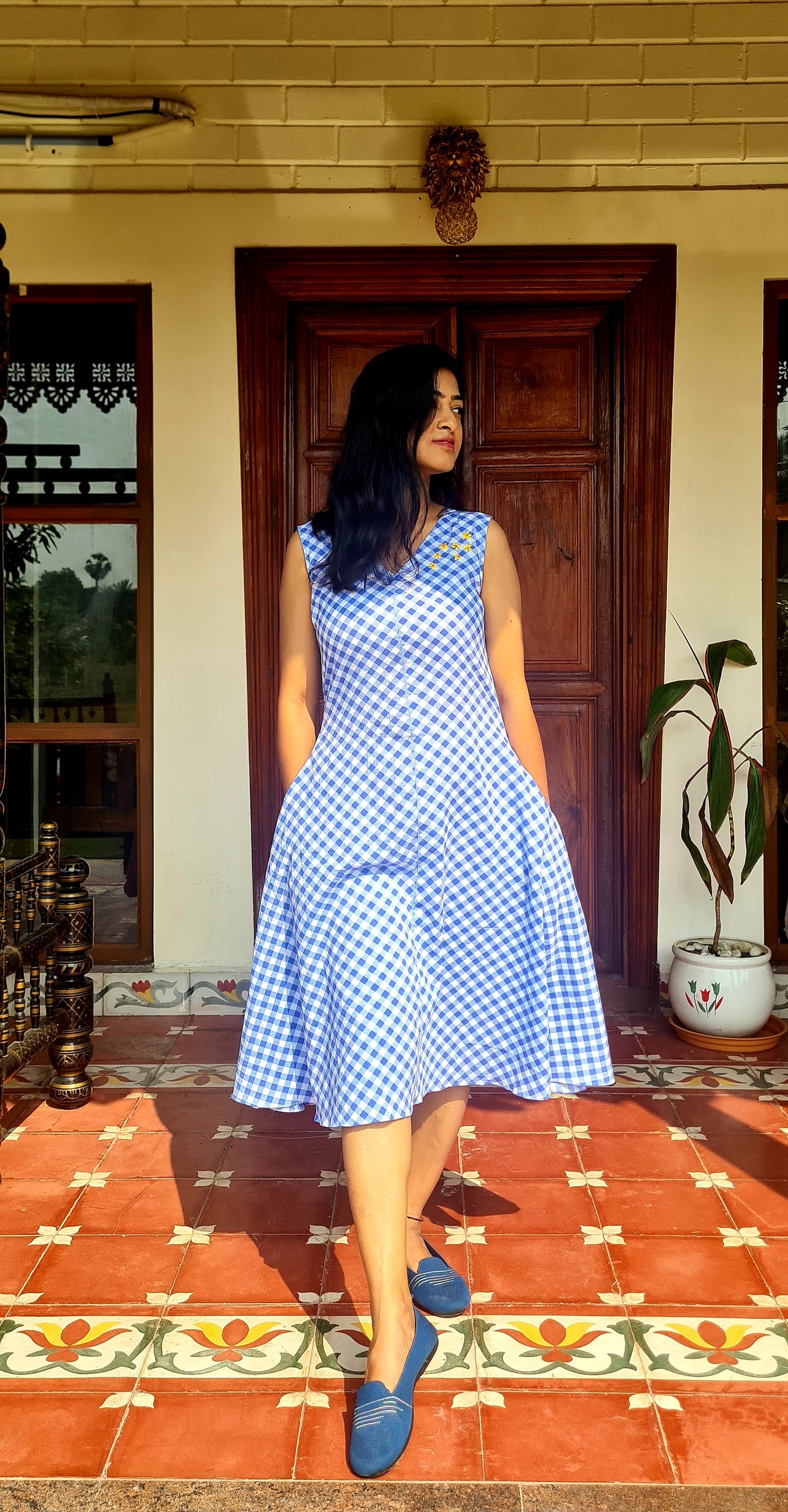 Checkmate Chic: Blue & White Cotton Frock with Hand Embroidered cotton dress.