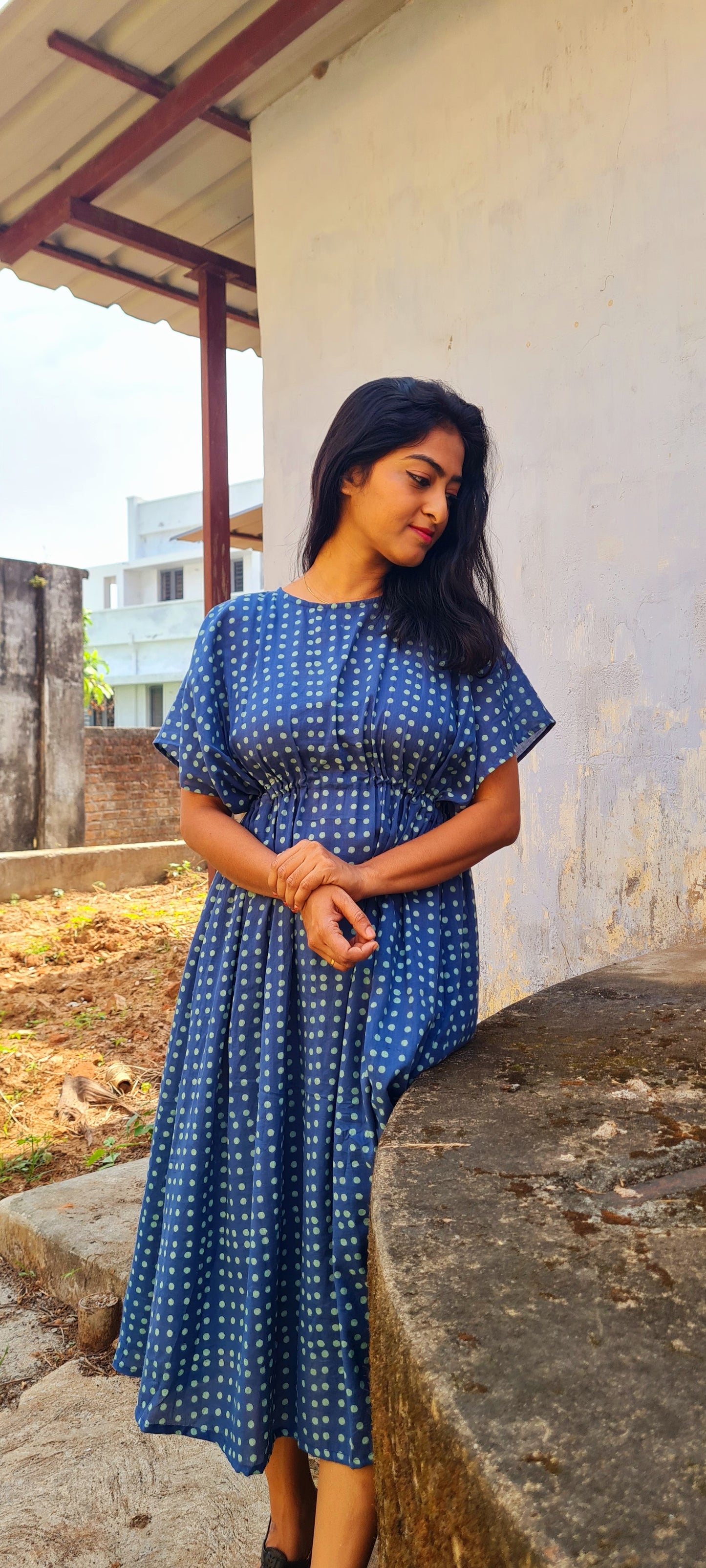 Breezy Elegance: Blue Polka Mul Cotton Kaftan Frock