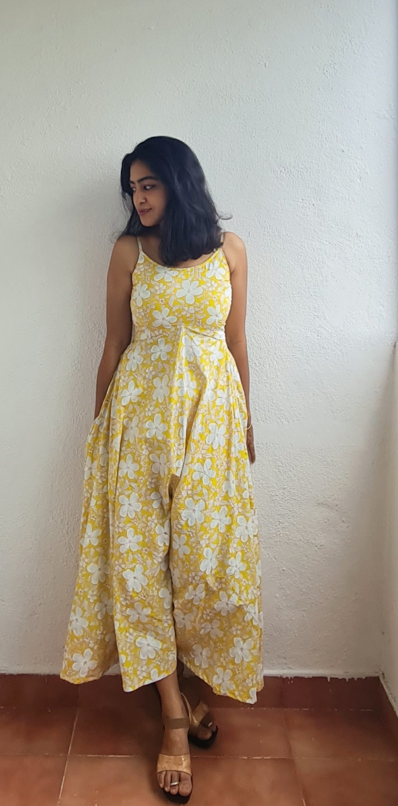 Golden Bloom Cotton Flared Dress