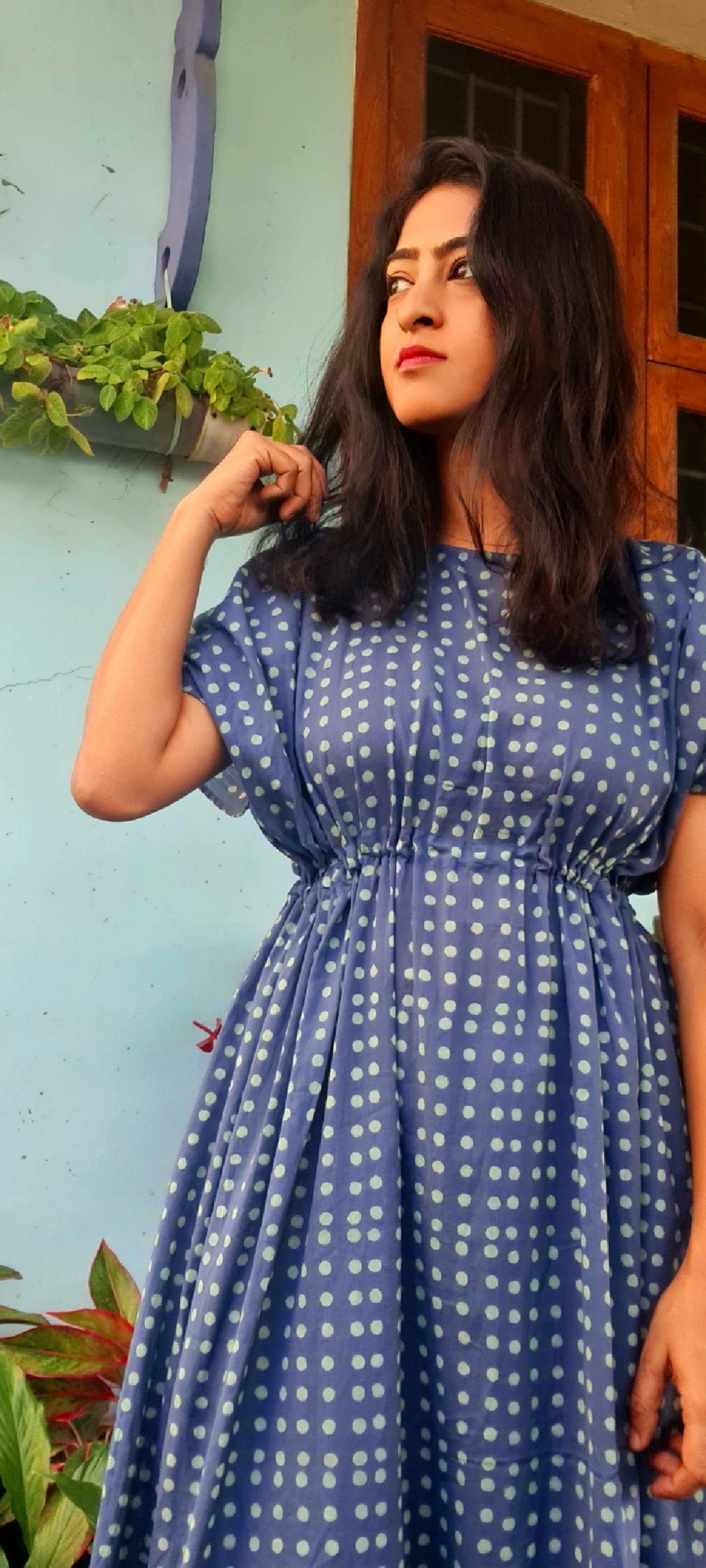 Breezy Elegance: Blue Polka Mul Cotton Kaftan Frock