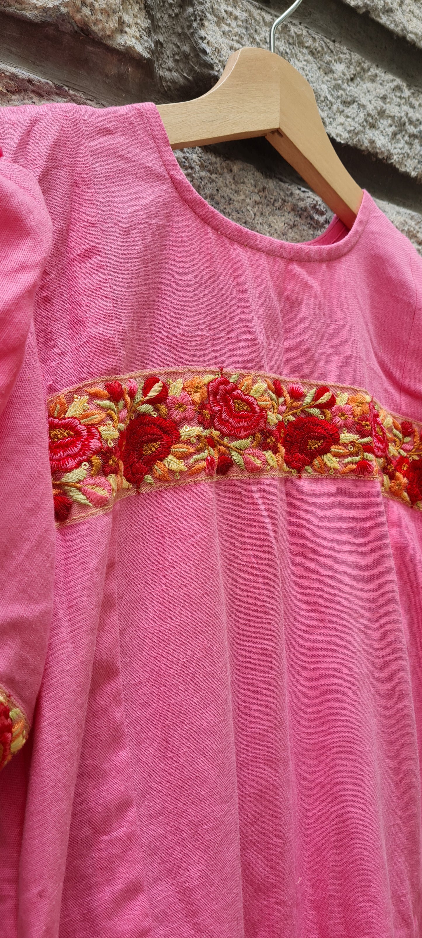 Pink Cotton Frock With Embroidery Patch Work