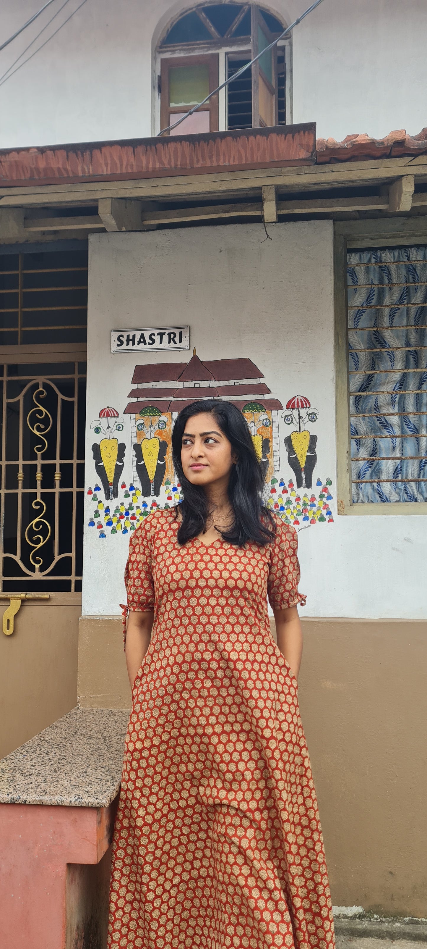 Heritage Chic: Brick Red & Black Hand Block Printed Frock