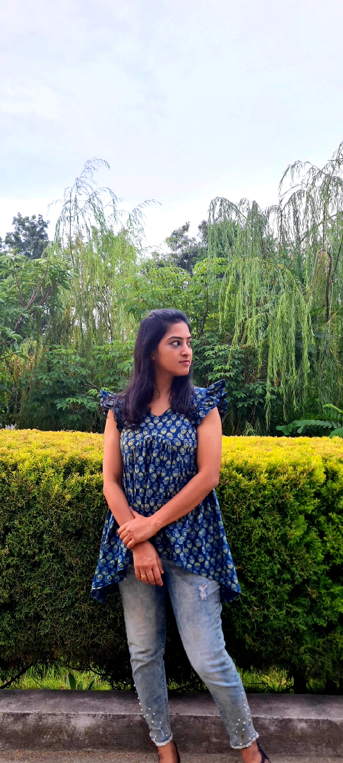 The V-Cut Ajrak Hand Block Printed Jeans Top