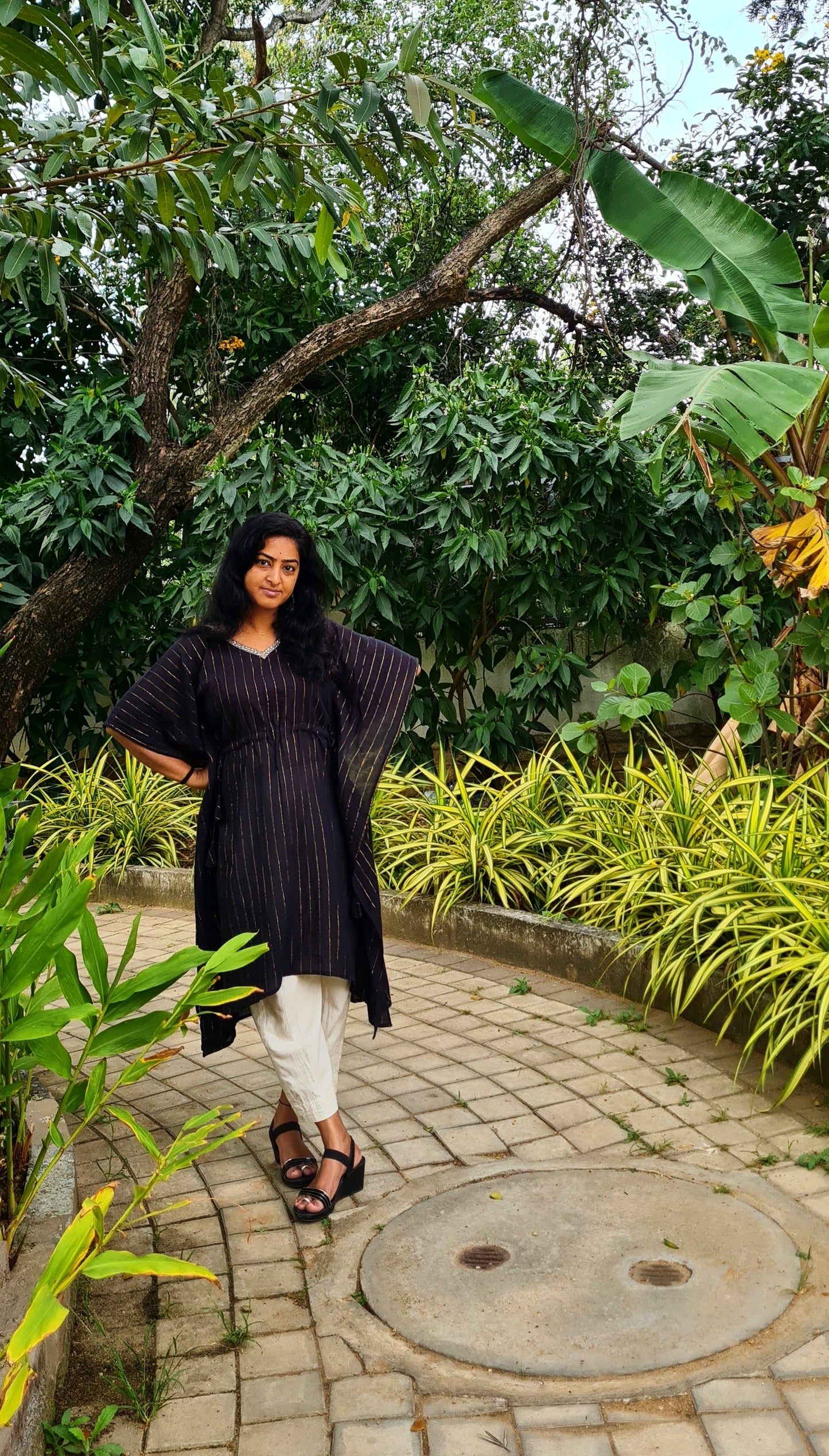 Black Gold Stripe Cotton Kaftan With Kundan Neck Work..