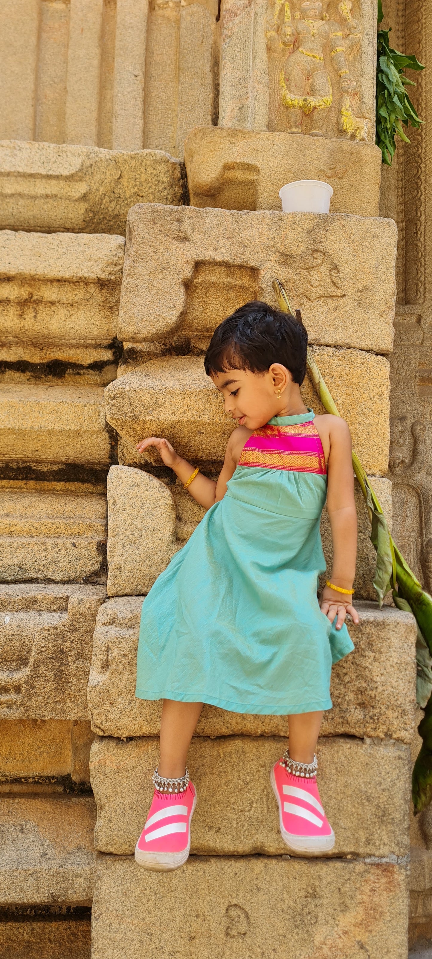 Intricate Elegance: Silk Halter neck with kanchi border frock