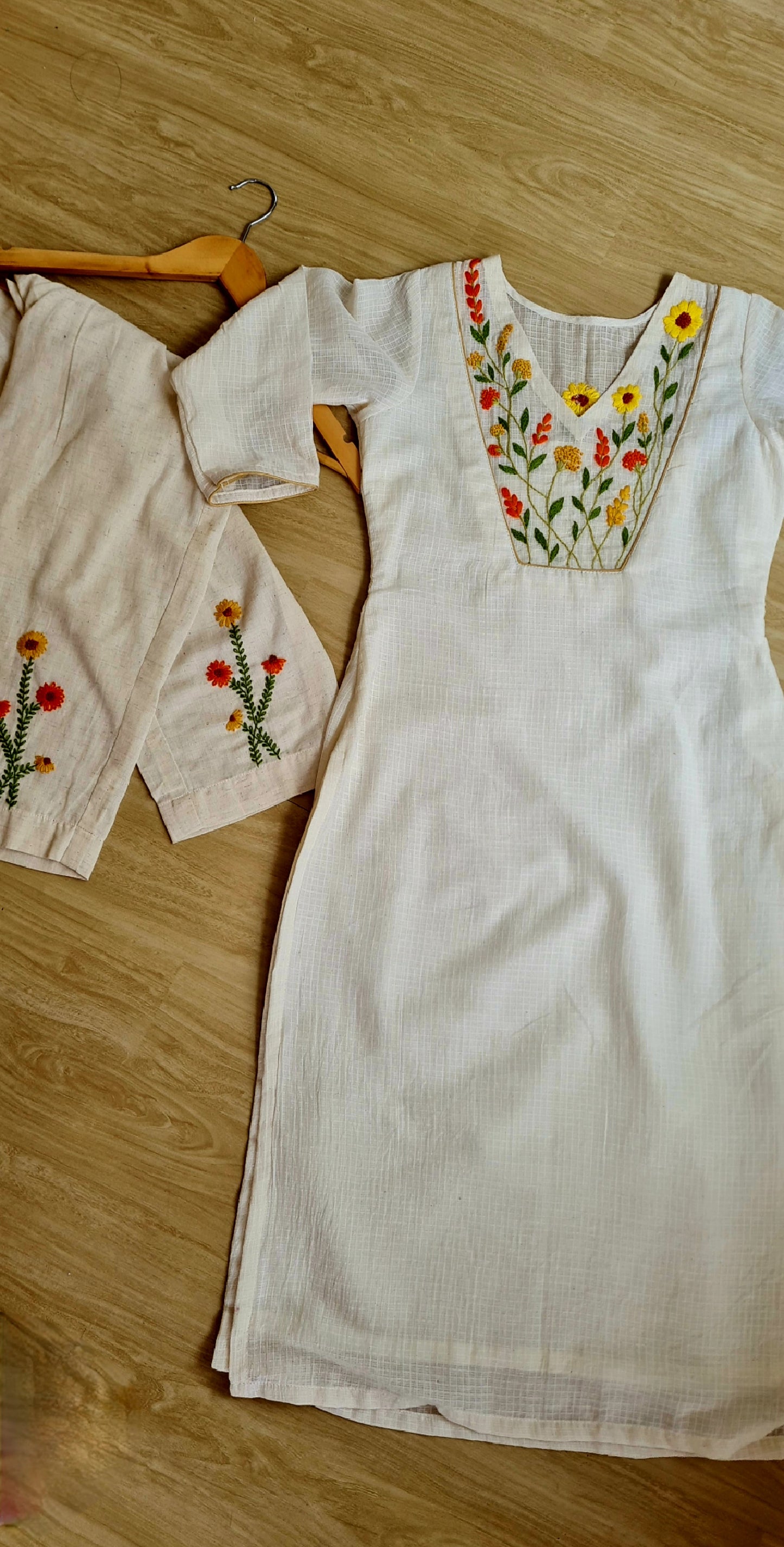 Marigold Meadow: Hand-Embroidered Onam Kurti Set