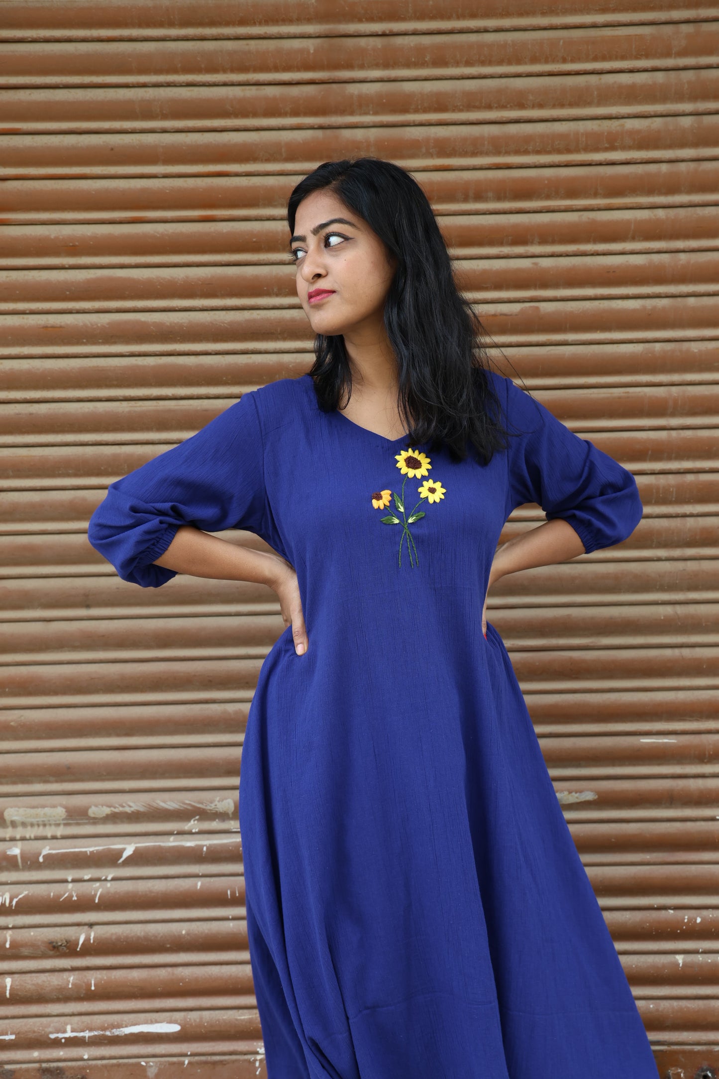 Dreams - Hand Embroidered Dark Blue Cotton Relaxed Fit Frock