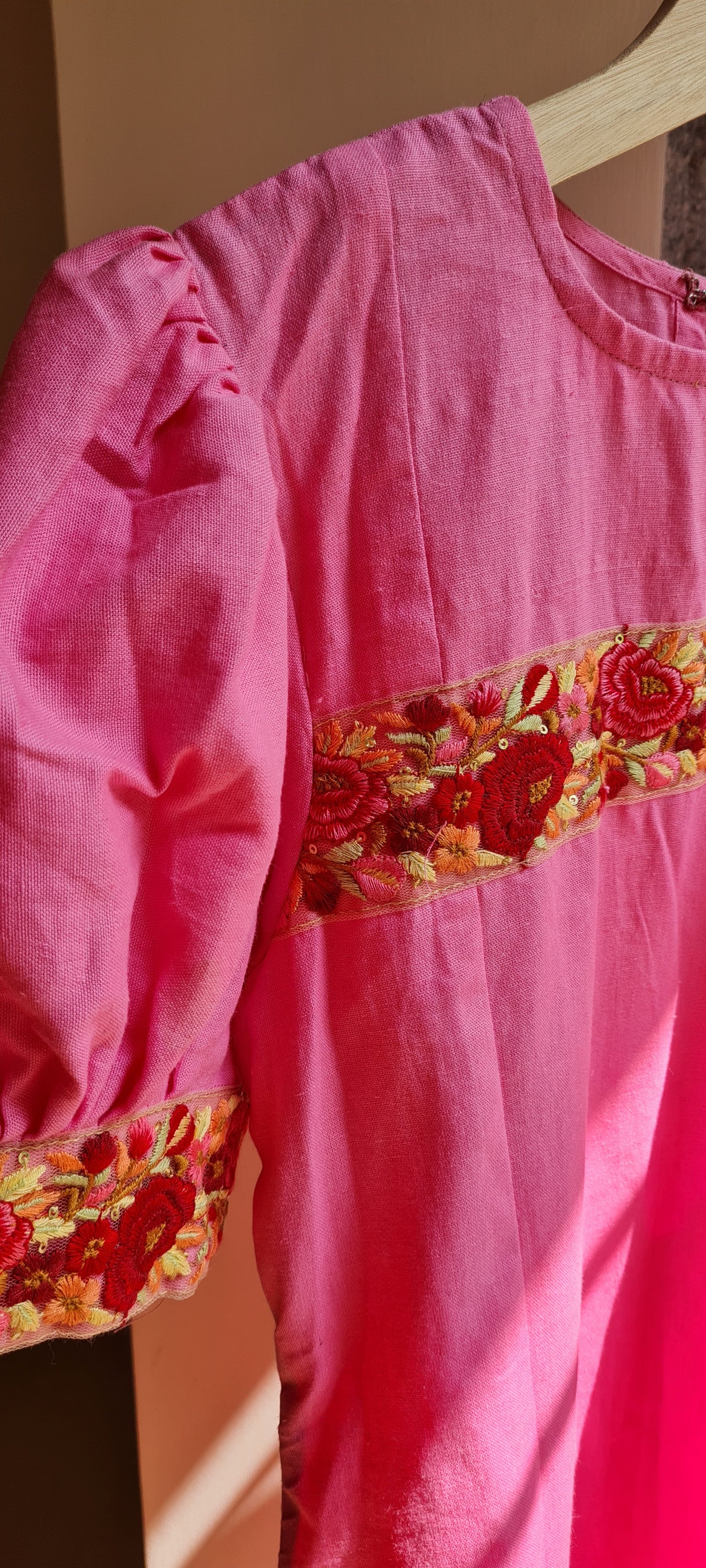 Pink Cotton Frock With Embroidery Patch Work