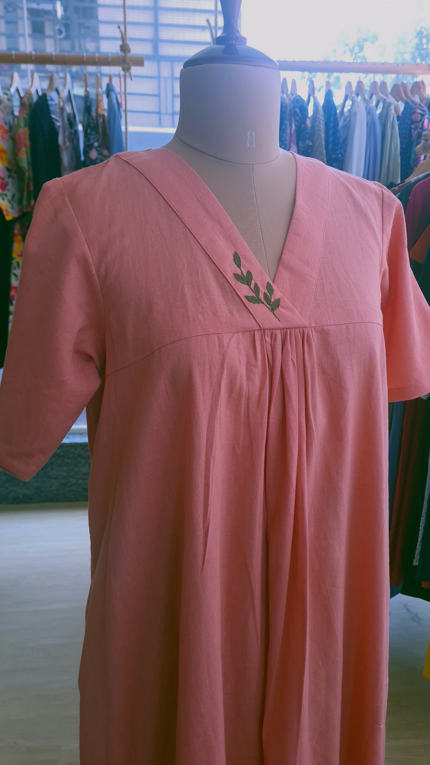 Blush Breeze: Hand-Embroidered Cotton Comfort Dress