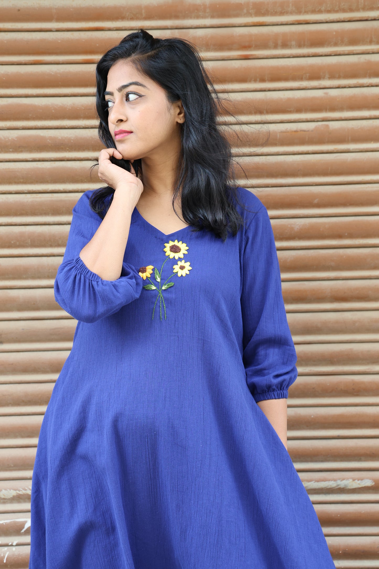 Dreams - Hand Embroidered Dark Blue Cotton Relaxed Fit Frock