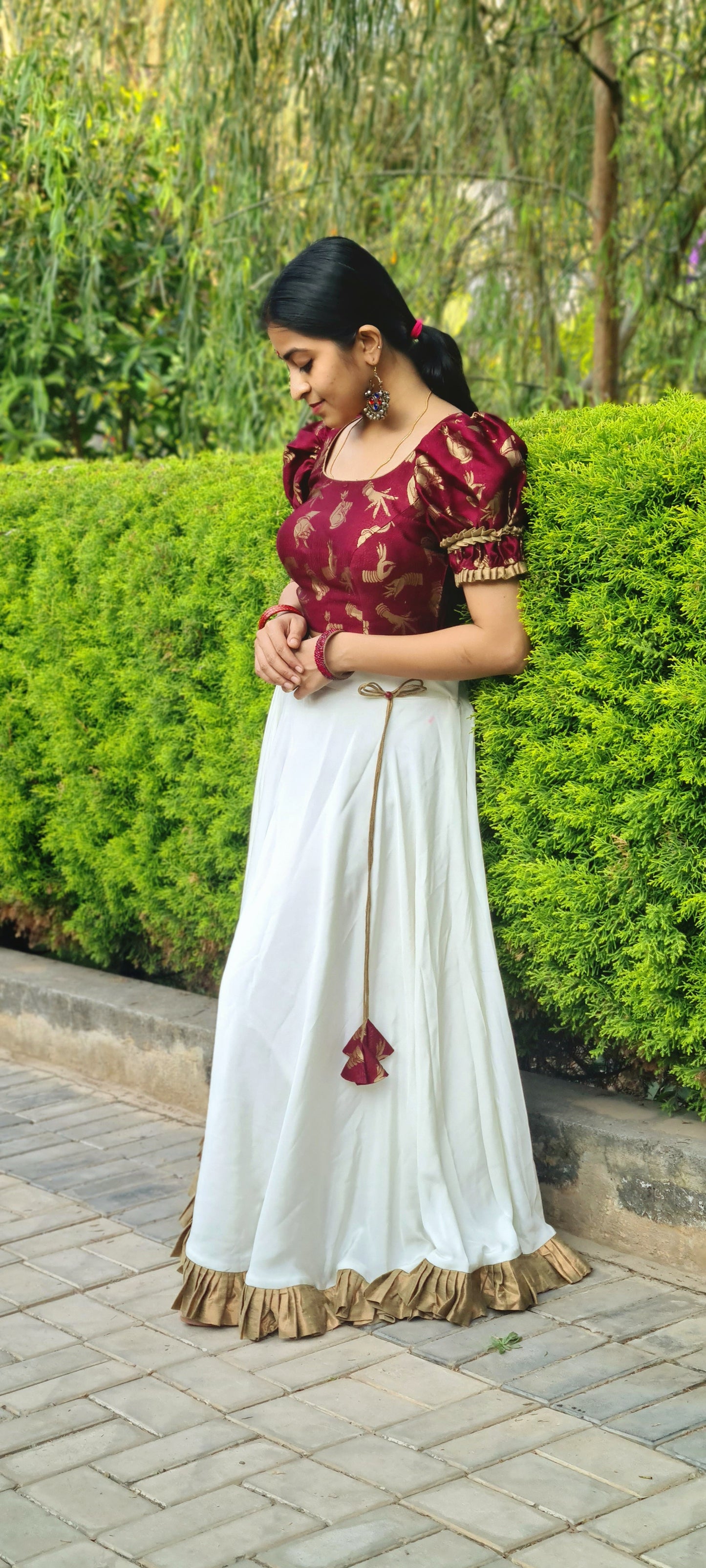Mudras in Motion: Off White Crepe Skirt With Banaras Crop Top
