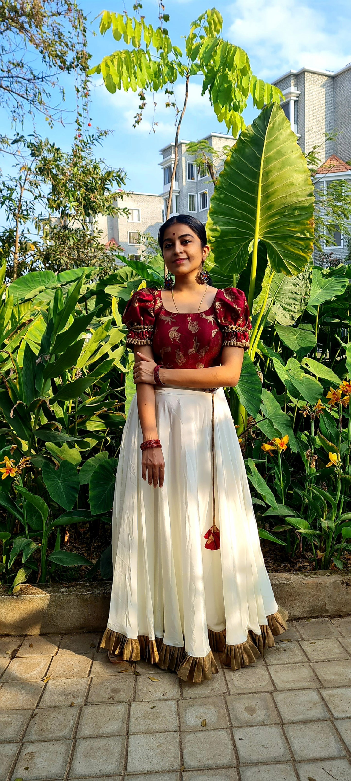 Mudras in Motion: Off White Crepe Skirt With Banaras Crop Top