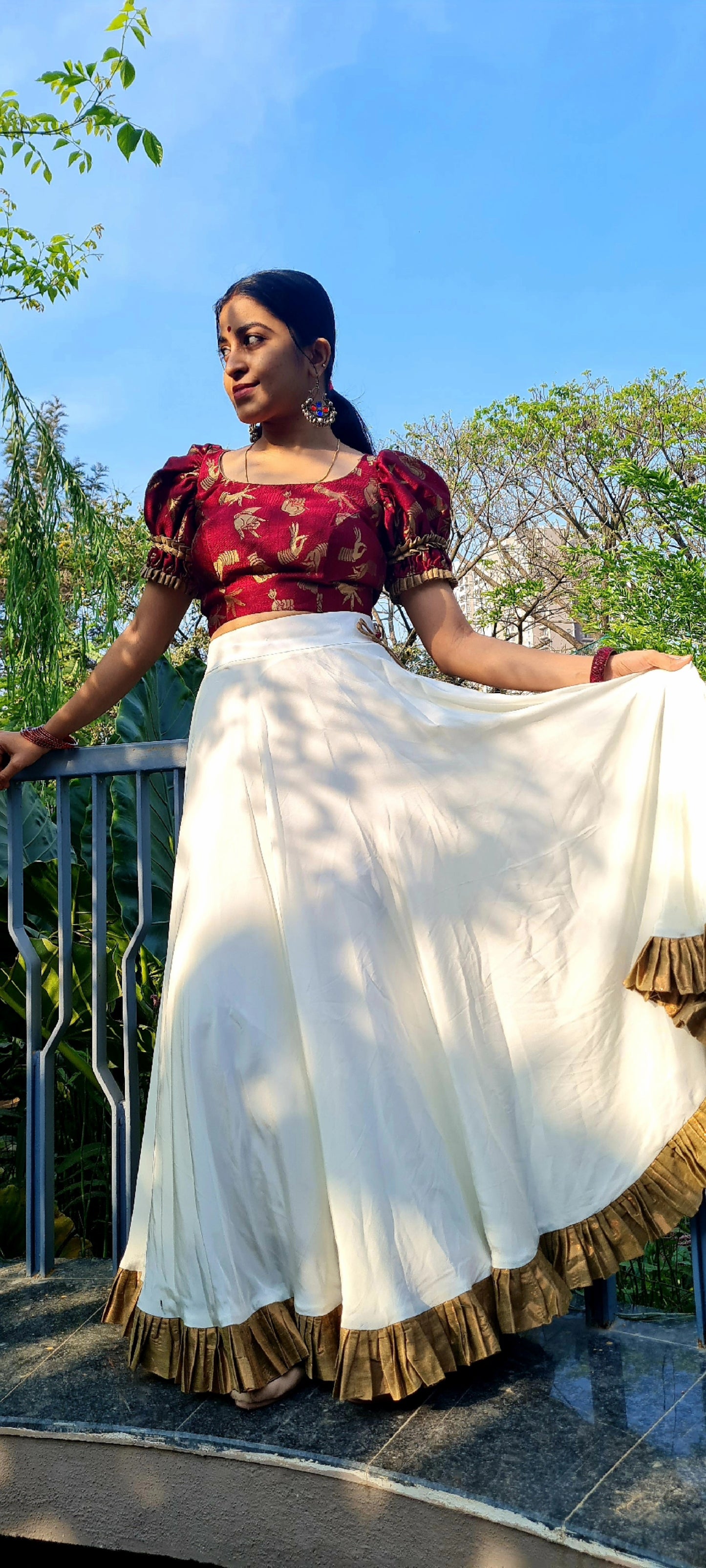 Mudras in Motion: Off White Crepe Skirt With Banaras Crop Top