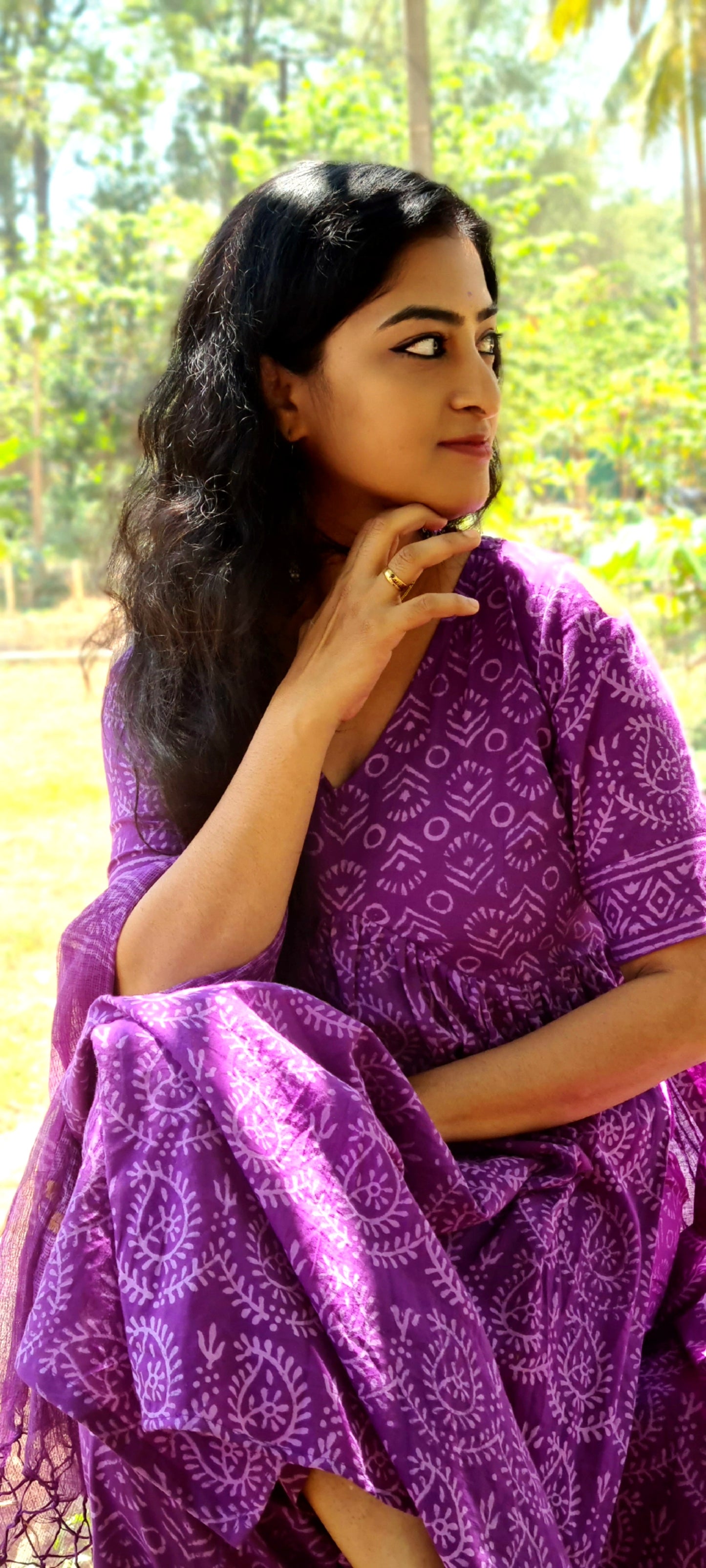Purple Panache: Hand Block Printed Cotton Top,Bottom And Dupatta Set