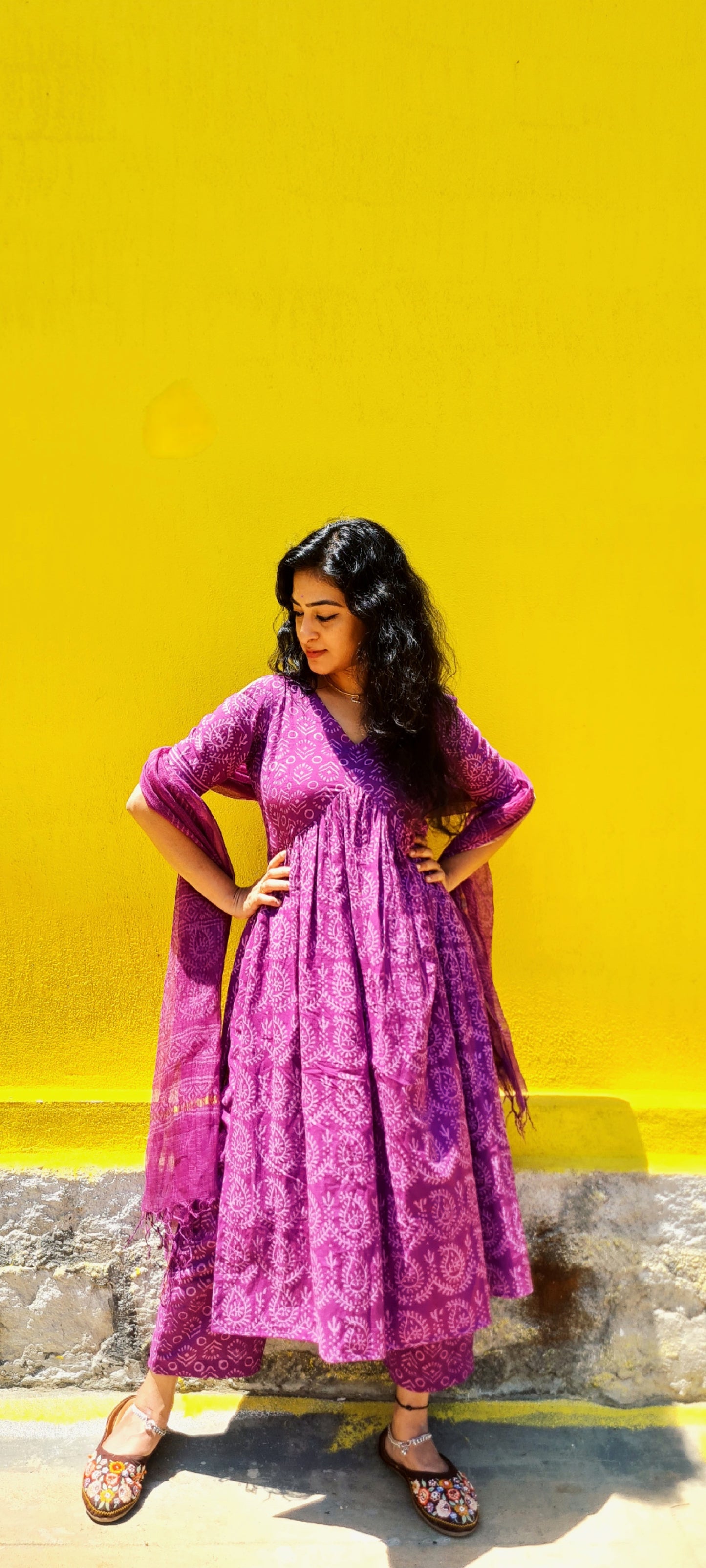 Purple Panache: Hand Block Printed Cotton Top,Bottom And Dupatta Set
