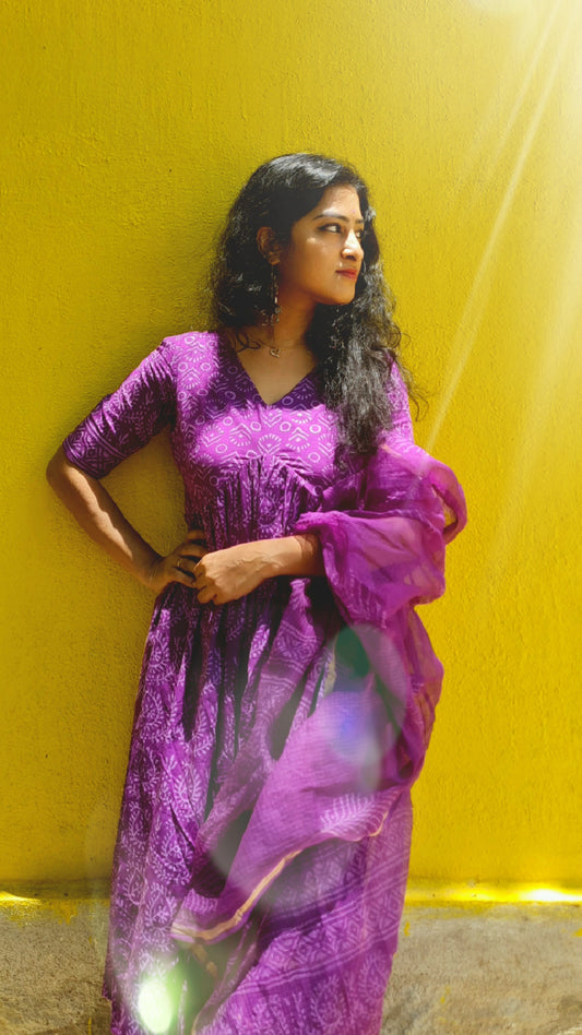 Purple Panache: Hand Block Printed Cotton Top,Bottom And Dupatta Set