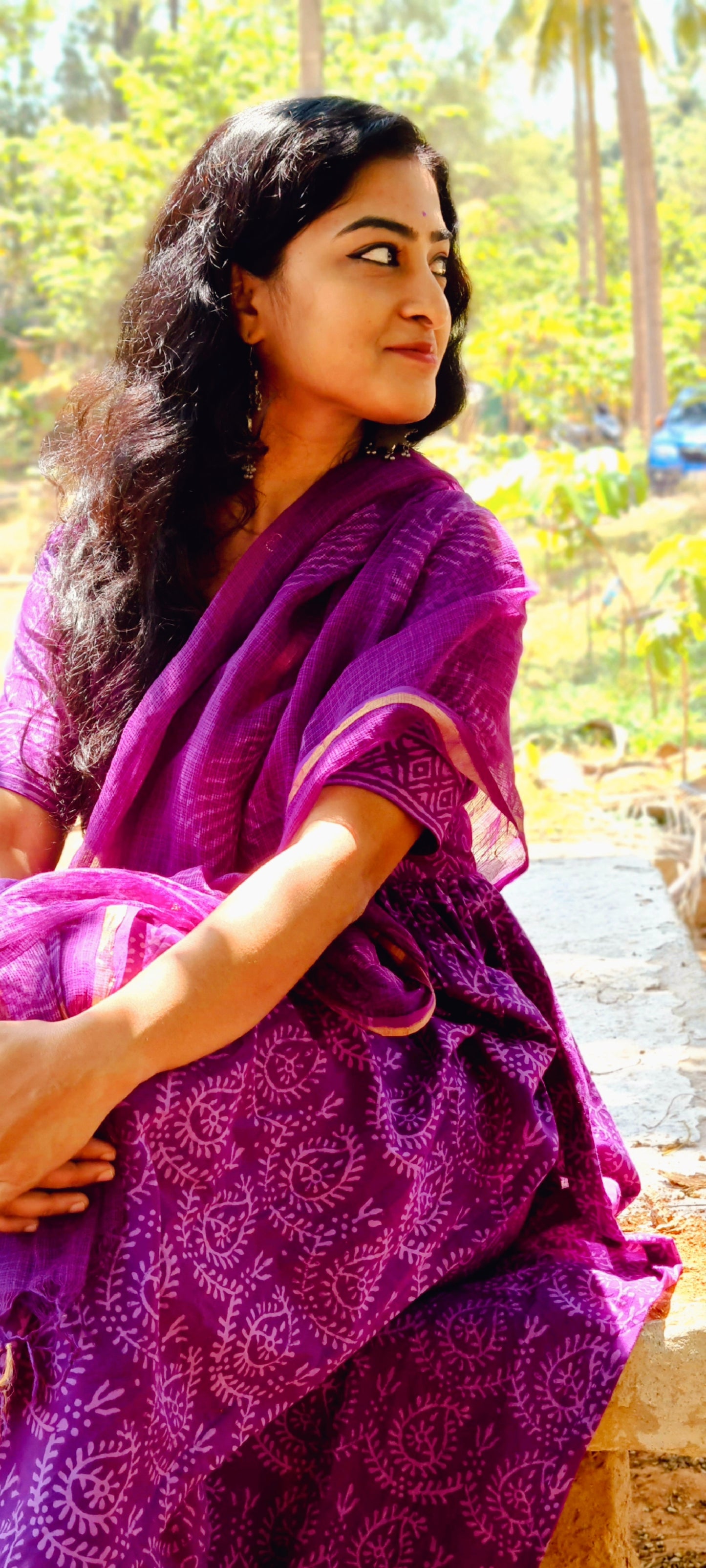 Purple Panache: Hand Block Printed Cotton Top,Bottom And Dupatta Set