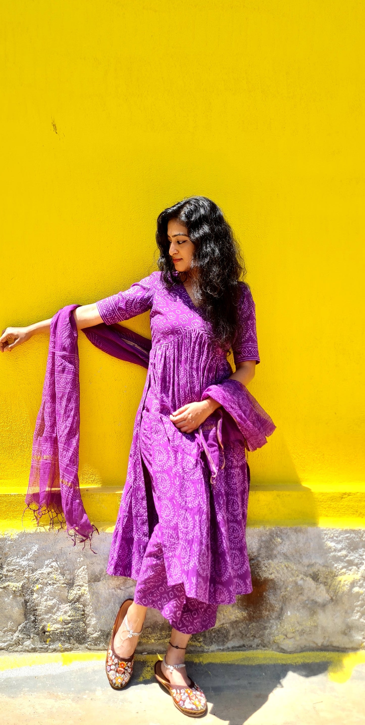 Purple Panache: Hand Block Printed Cotton Top,Bottom And Dupatta Set