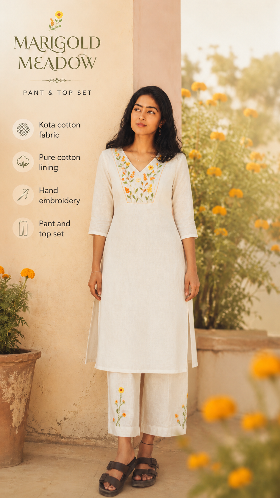 Marigold Meadow: Hand-Embroidered Onam Kurti Set