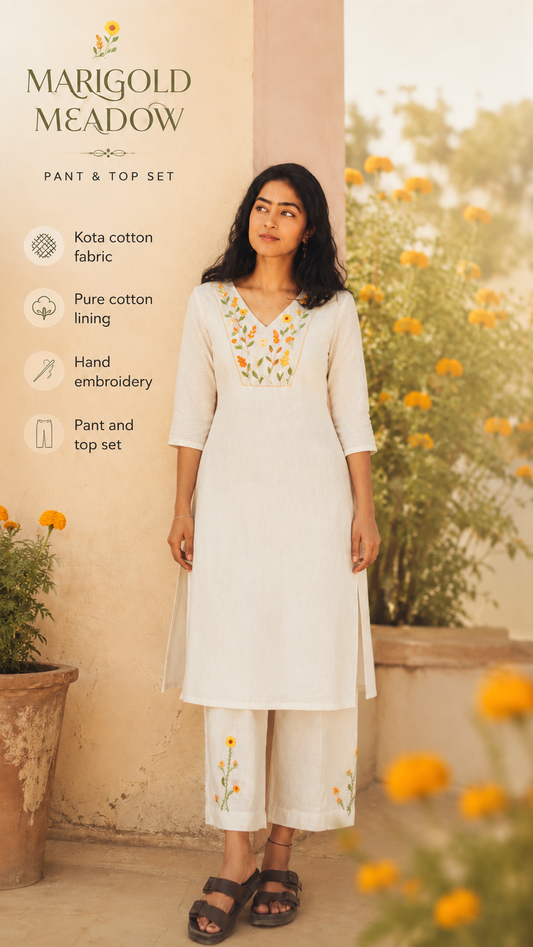Marigold Meadow: Hand-Embroidered Onam Kurti Set