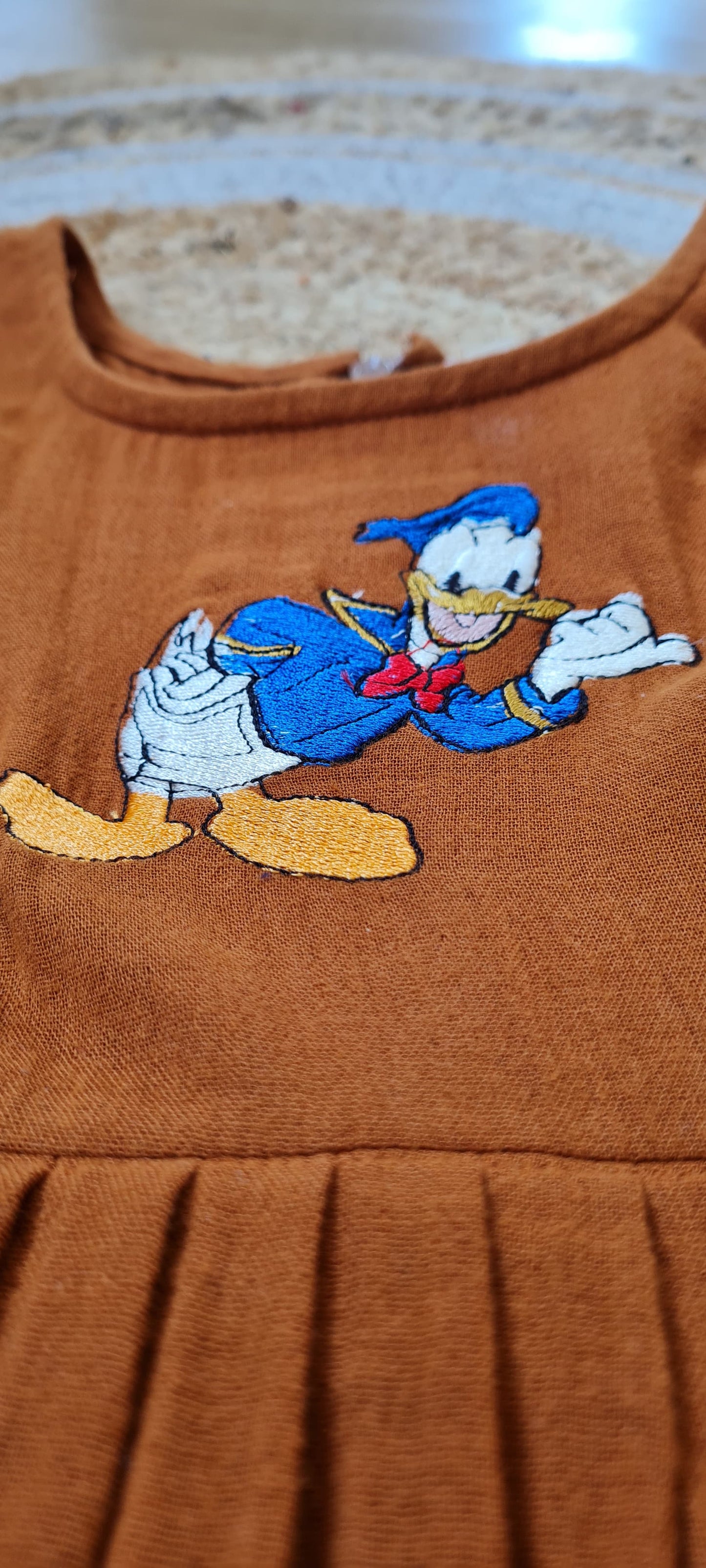 Golden Brown Cotton Gauze Frock with Donald Duck Embroidery - KD0005