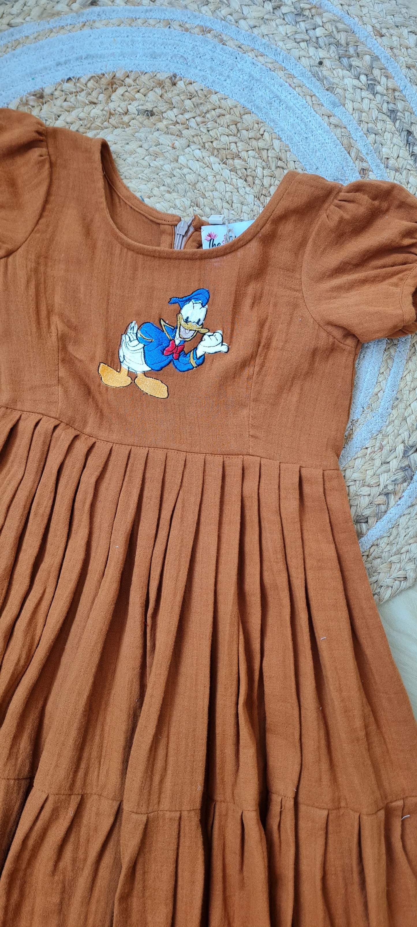 Golden Brown Cotton Gauze Frock with Donald Duck Embroidery - KD0005