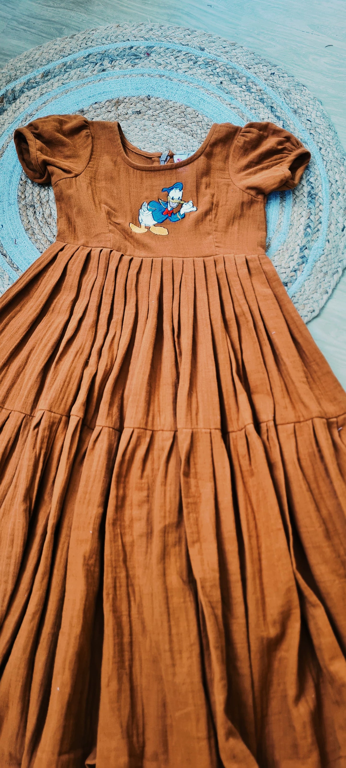 Golden Brown Cotton Gauze Frock with Donald Duck Embroidery - KD0005