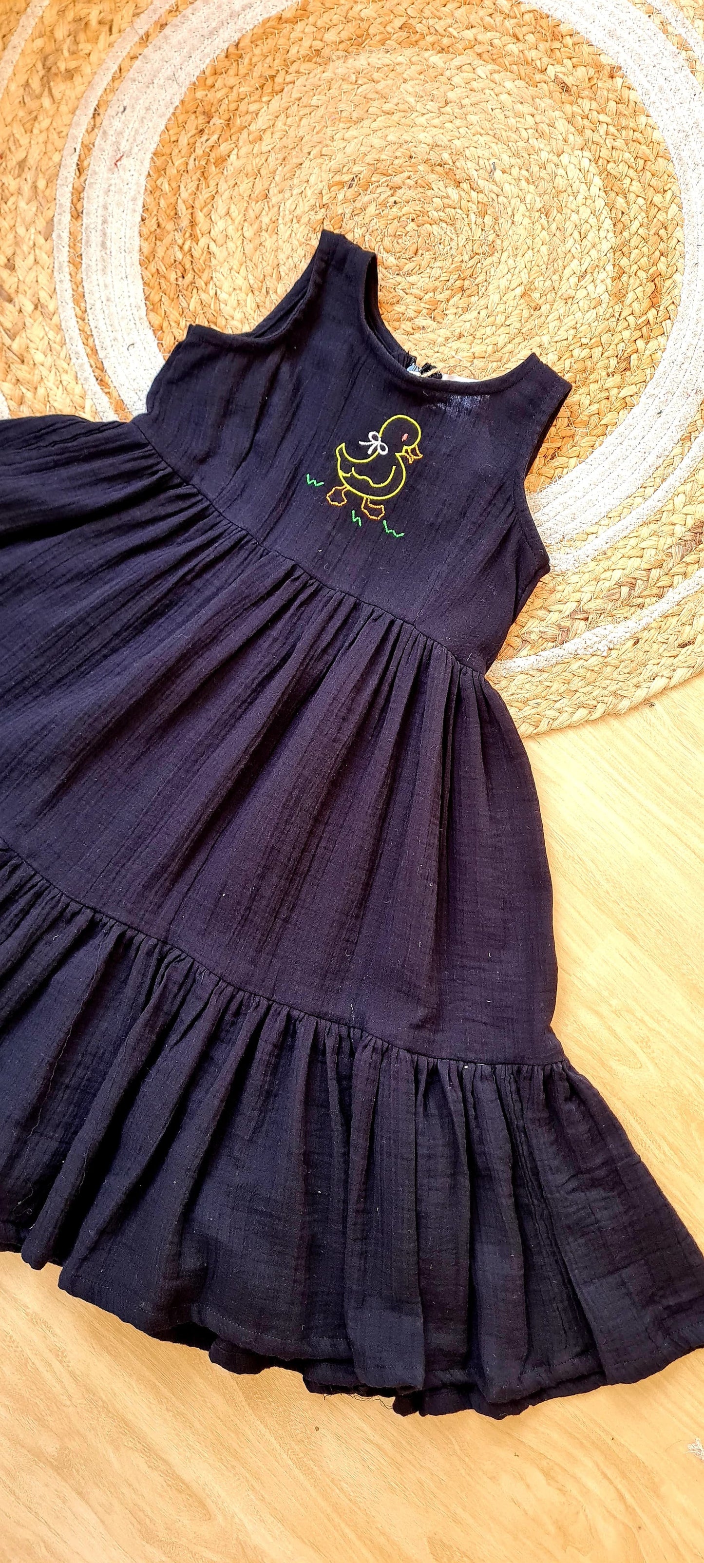 Black Cotton Gauze Frill Frock with Duckling Embroidery - KD0008