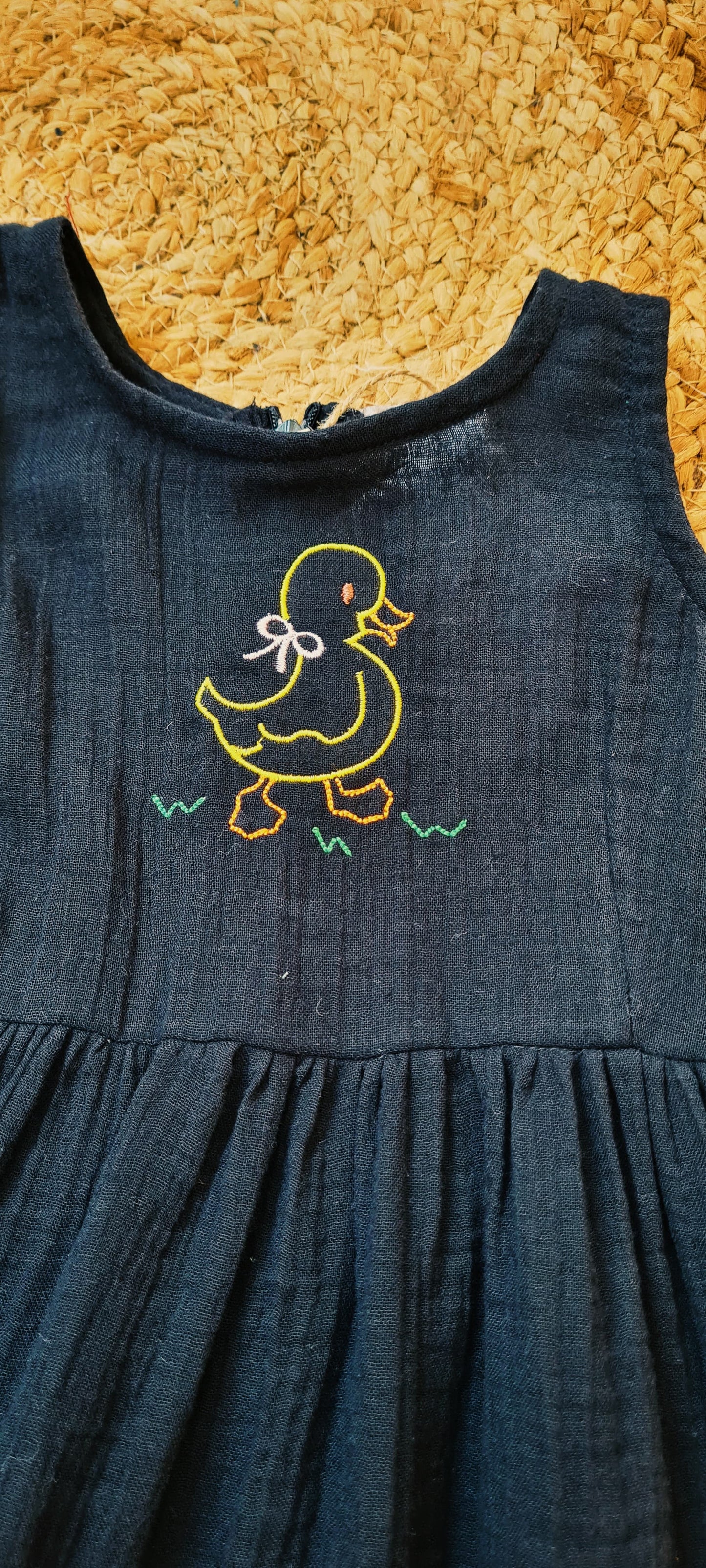 Black Cotton Gauze Frill Frock with Duckling Embroidery - KD0008