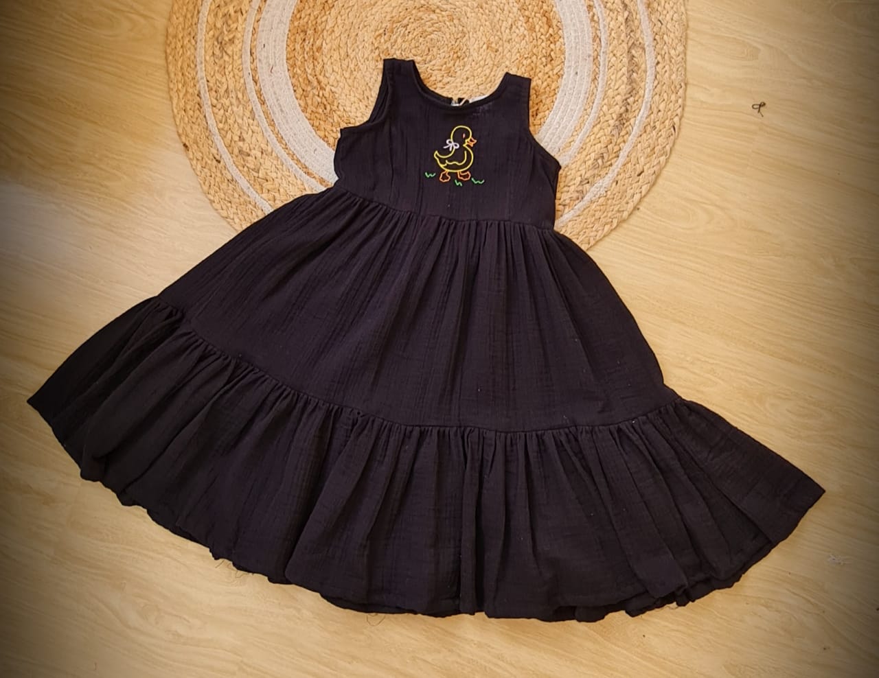 Black Cotton Gauze Frill Frock with Duckling Embroidery - KD0008
