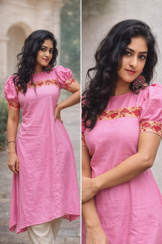 Pink Cotton Frock With Embroidery Patch Work