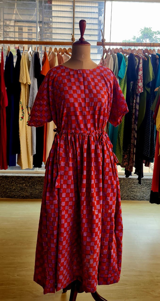 Berry Chessboard Tye Dress-FR1041