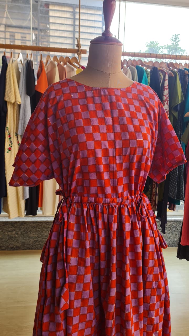 Berry Chessboard Tye Dress-FR1041