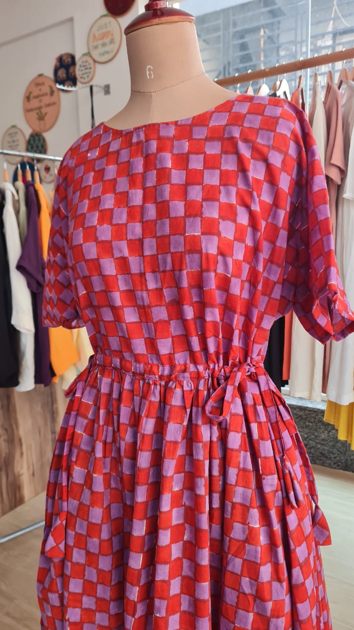 Berry Chessboard Tye Dress-FR1041