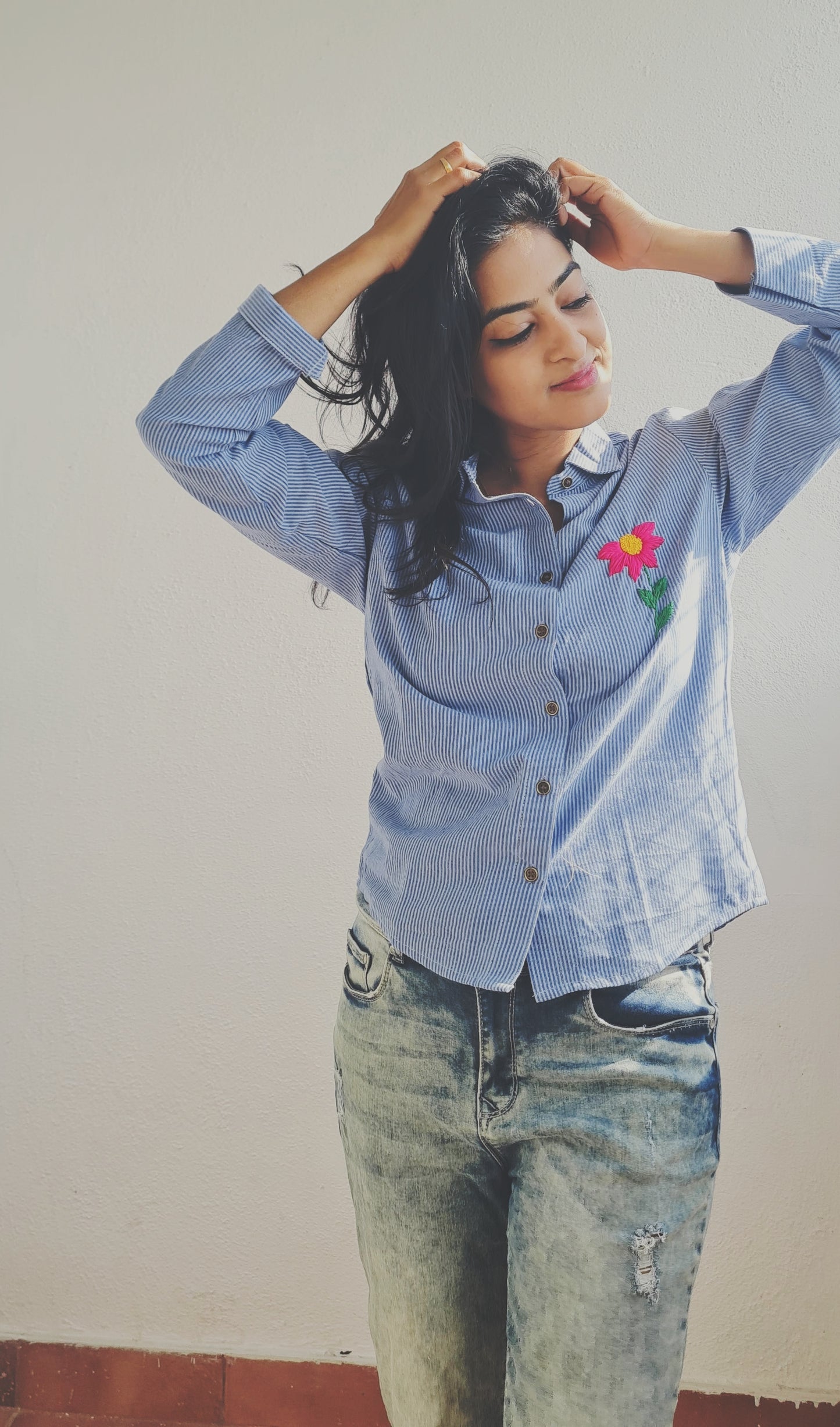 Striped Elegance with a Pop of Pink..Collar Shirt For Woman