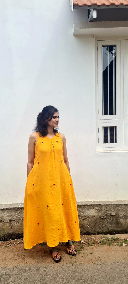 Earthly Sunset Charm: Handcrafted Cotton Gauze Dress(FR1011)