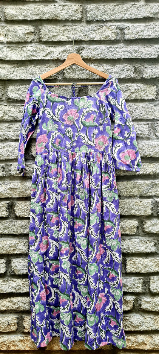 Violet and Pink Blooms: Hand Block Printed Cotton Frock for Maximum Comfort