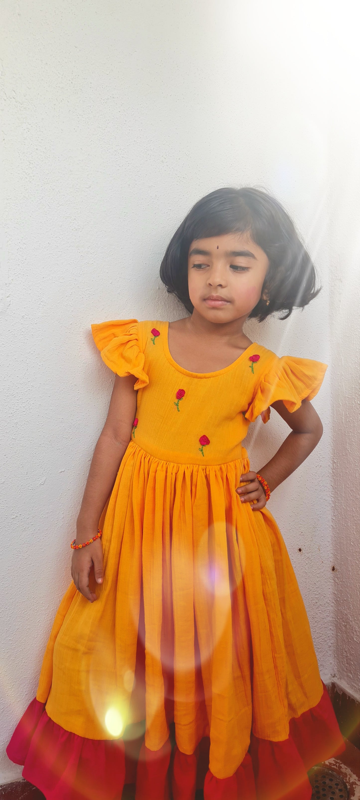 Pink Roses Mustard Twirling Beauty Frock