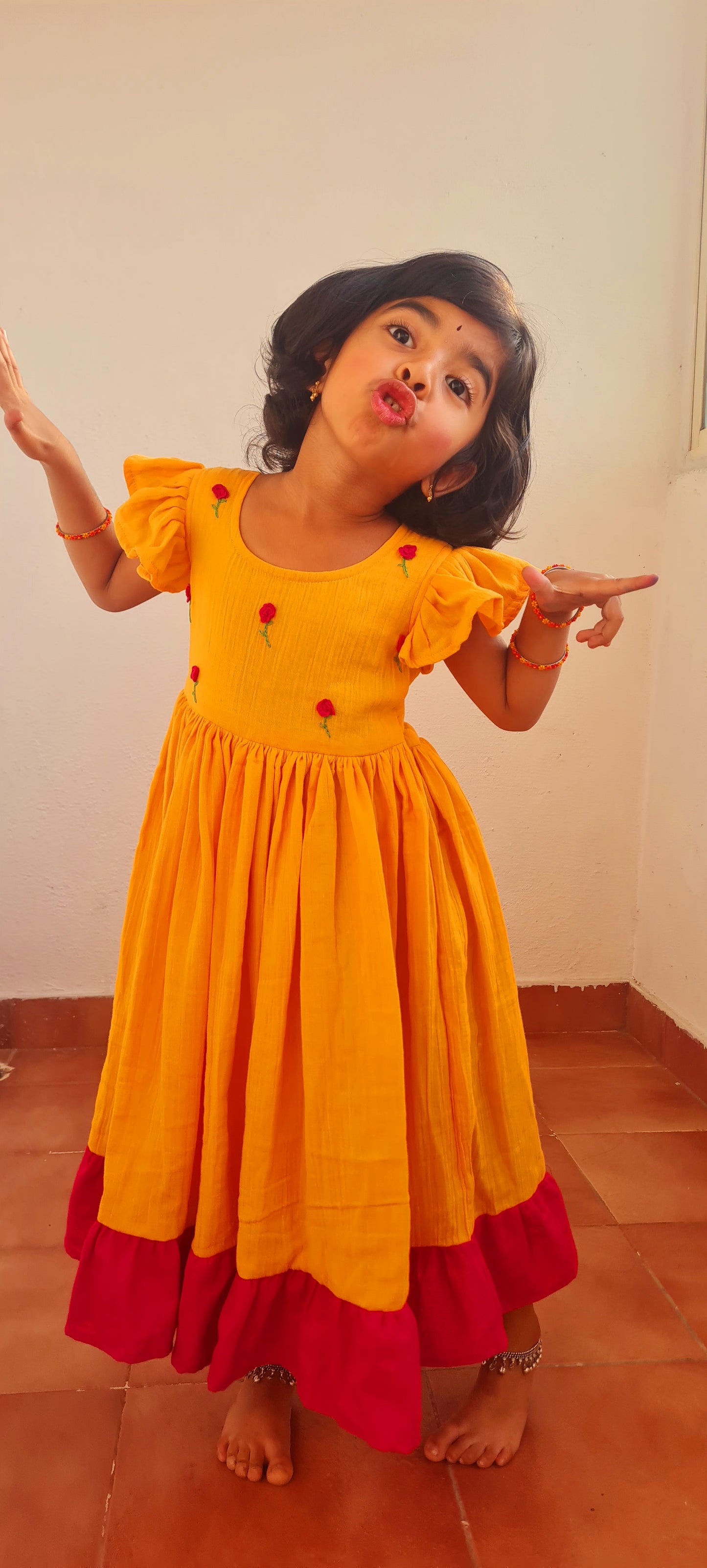 Pink Roses Mustard Twirling Beauty Frock
