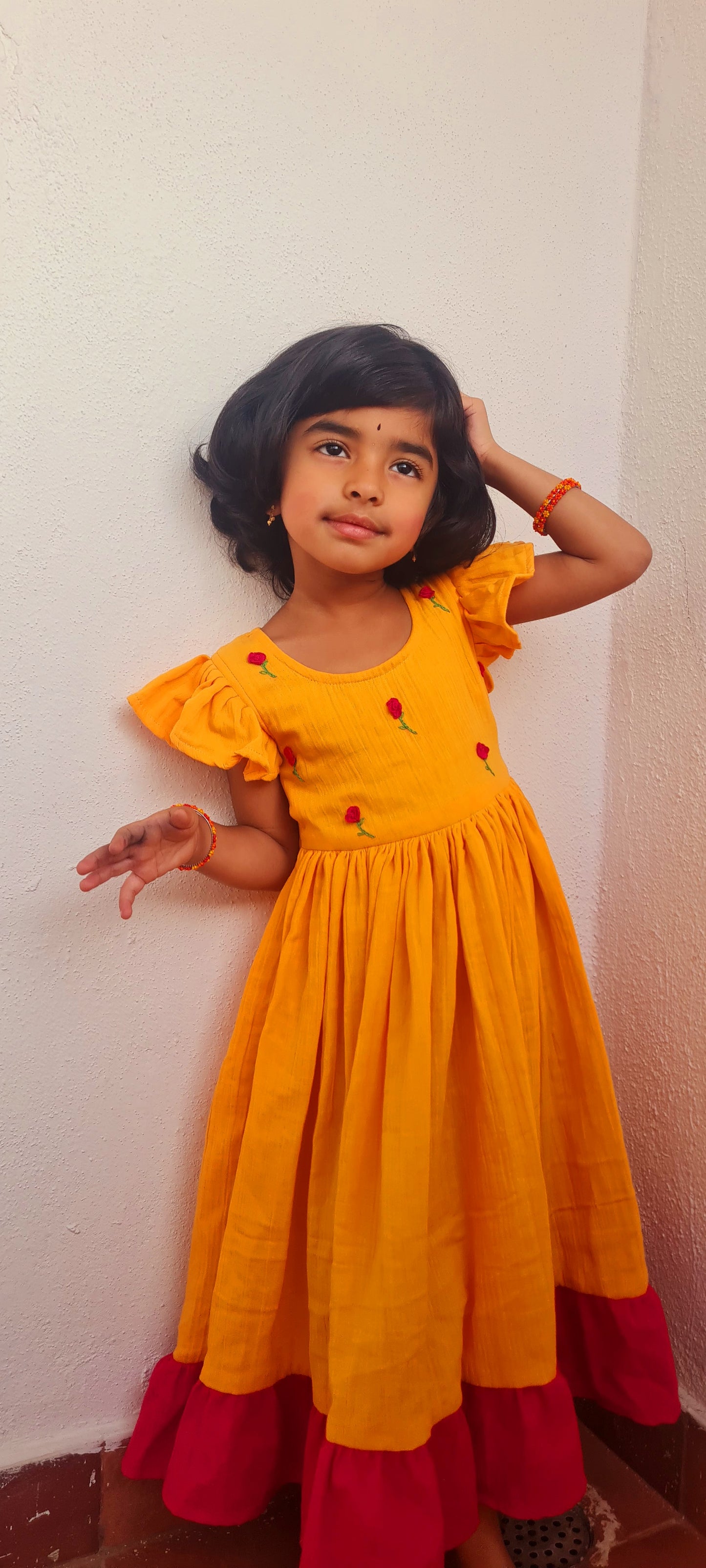 Pink Roses Mustard Twirling Beauty Frock