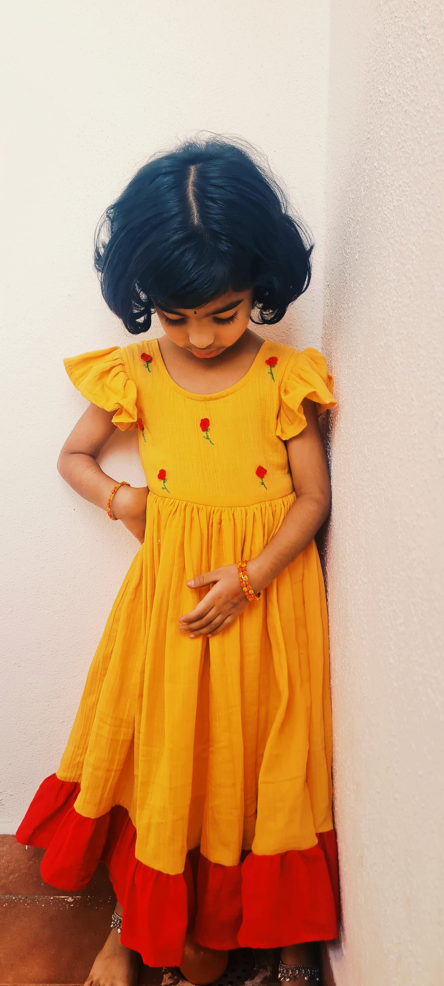 Pink Roses Mustard Twirling Beauty Frock