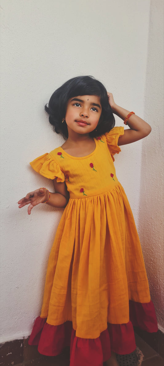 Pink Roses Mustard Twirling Beauty Frock