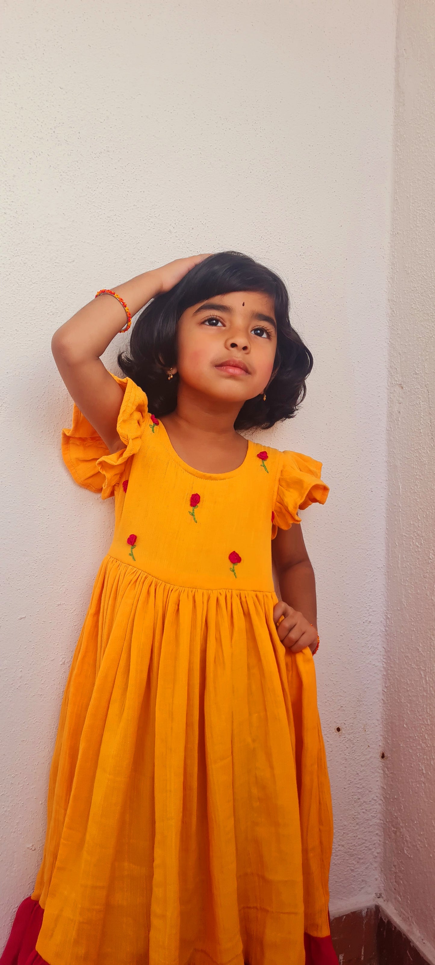 Pink Roses Mustard Twirling Beauty Frock