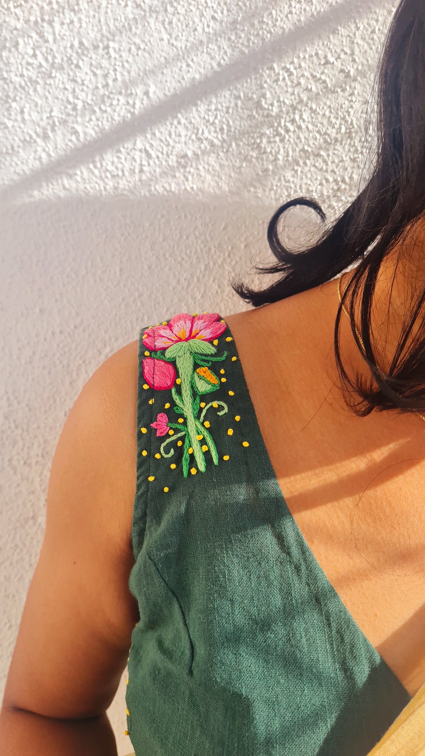 Emerald Elegance Blouse - Dark Green Katori with French Knots & Lotus Embroidery - EMBL0001