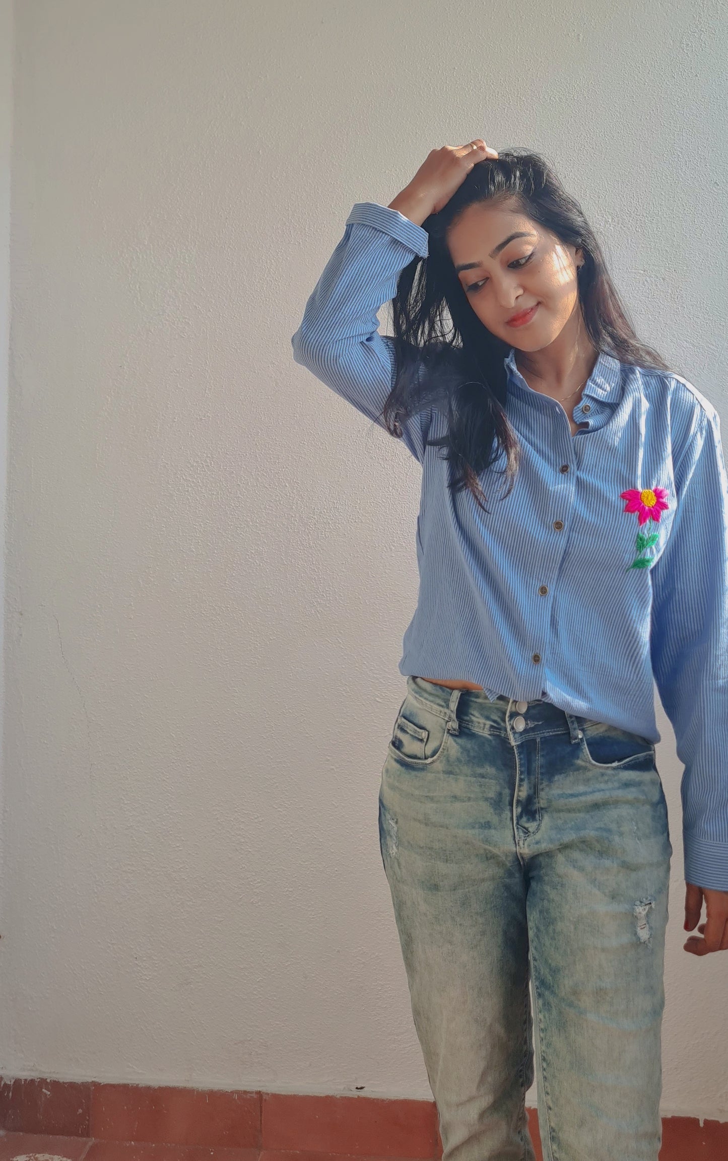 Striped Elegance with a Pop of Pink..Collar Shirt For Woman