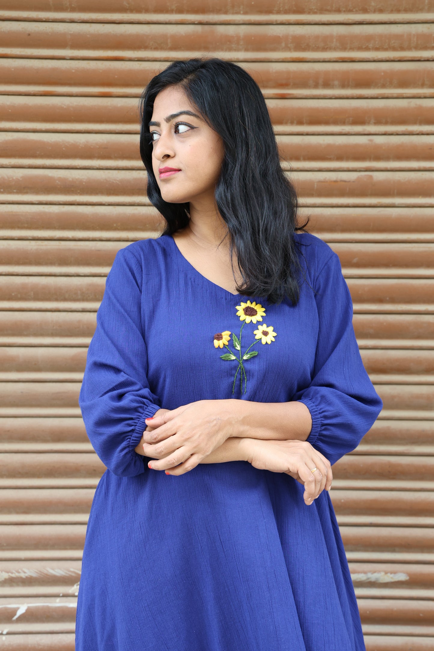 Dreams - Hand Embroidered Dark Blue Cotton Relaxed Fit Frock