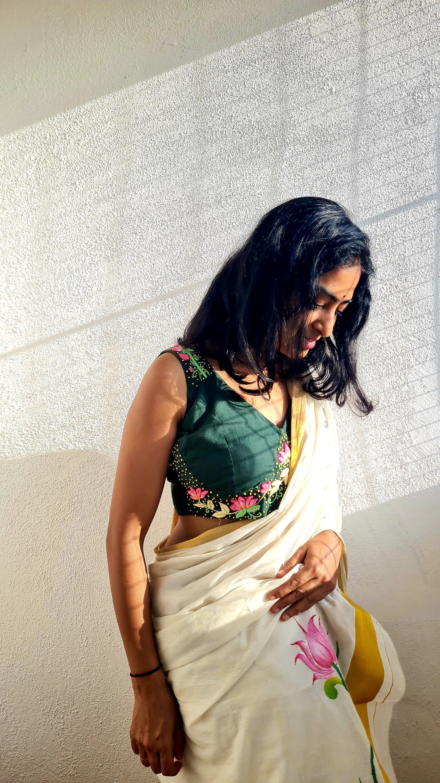 Emerald Elegance Blouse - Dark Green Katori with French Knots & Lotus Embroidery - EMBL0001