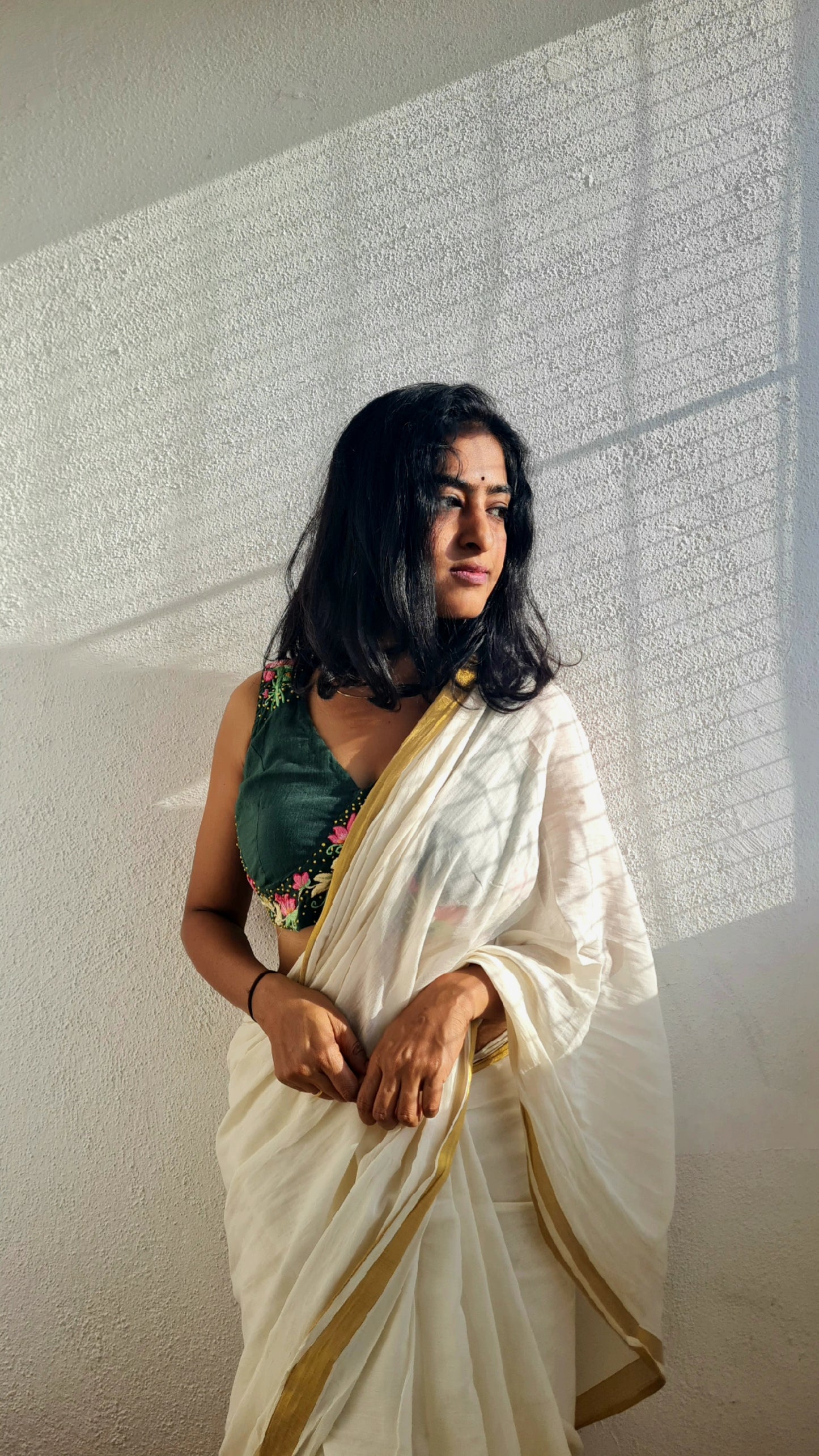 Emerald Elegance Blouse - Dark Green Katori with French Knots & Lotus Embroidery - EMBL0001